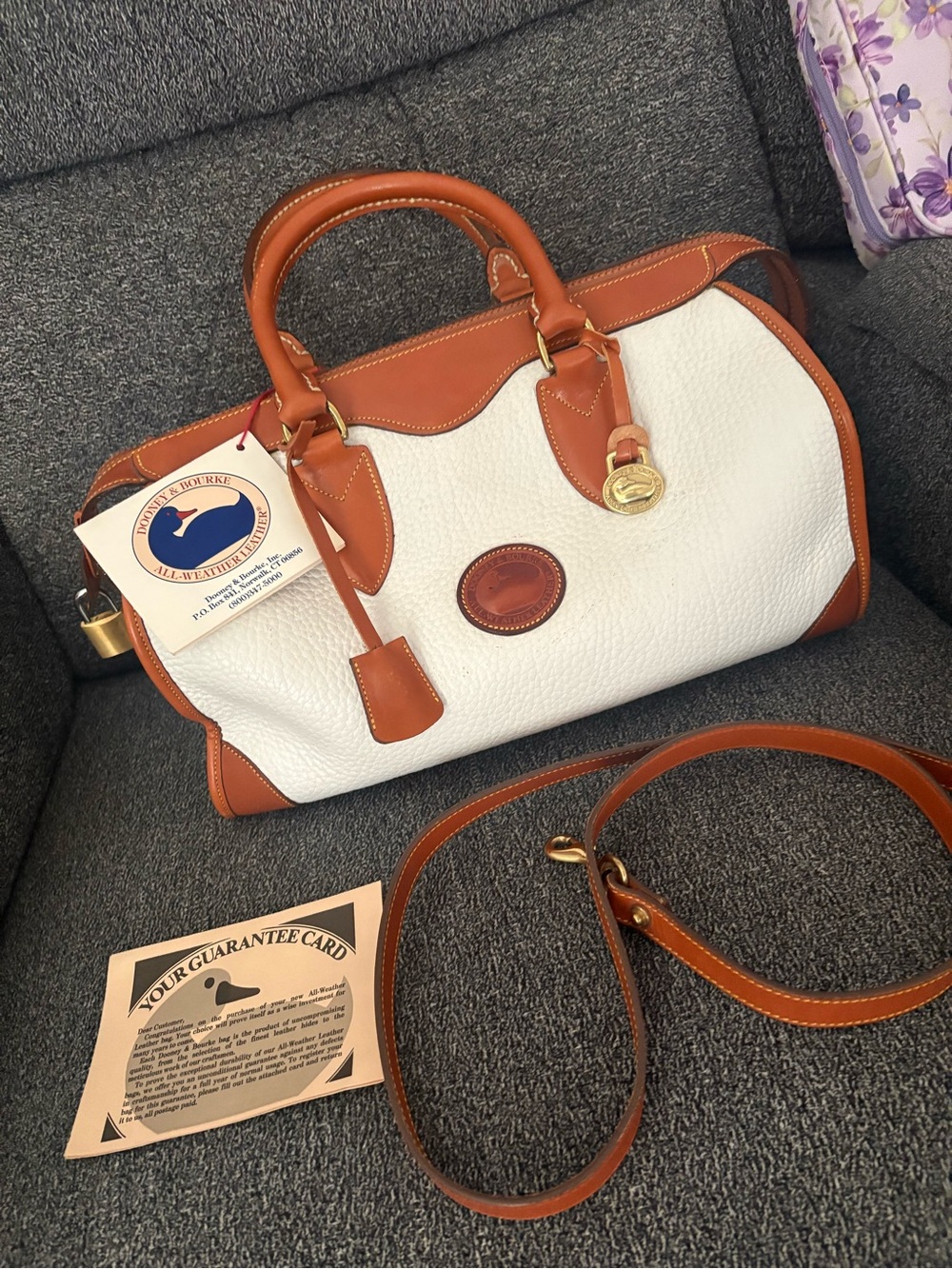 Dooney & Bourke White Pebble Leather Satchel with Tan Trim and Gold Hardware